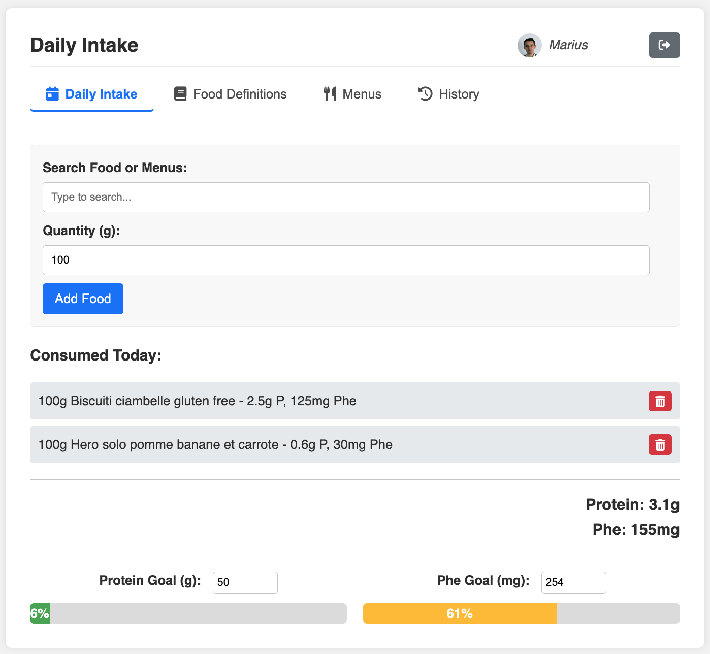 Daily Intake Screenshot